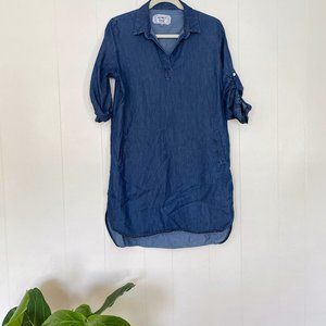 Chambray Three Quarter Sleeve Midi Dress with Pockets